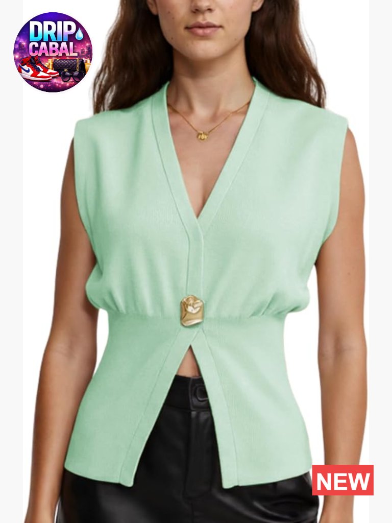 Viscose Sleeveless Sweater Vest With V-Neck And Button Design